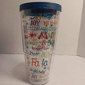Christmas Holiday Jingle Way Joy Insulated Tumbler Blue Lid Dishwasher Safe